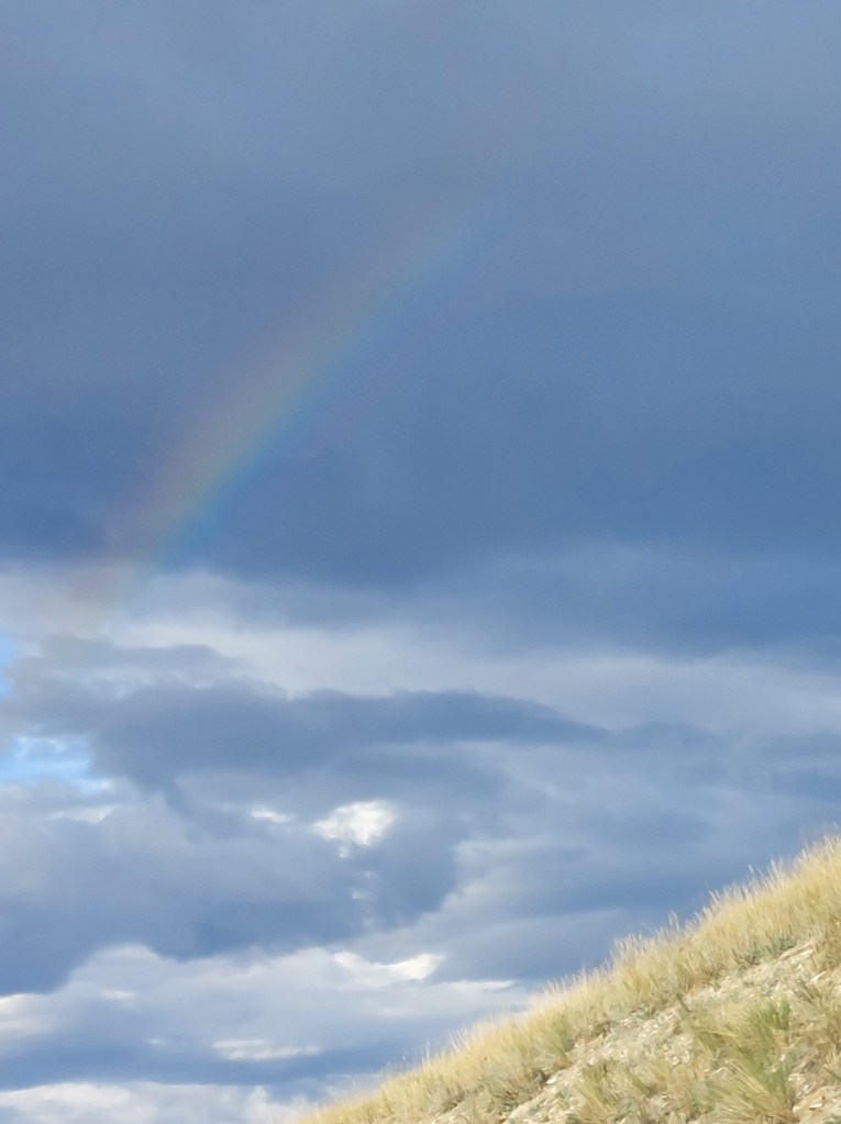 The side of a hill with a partial rainbow in a cloudy sky.